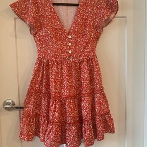 Red floral flounce dress button front